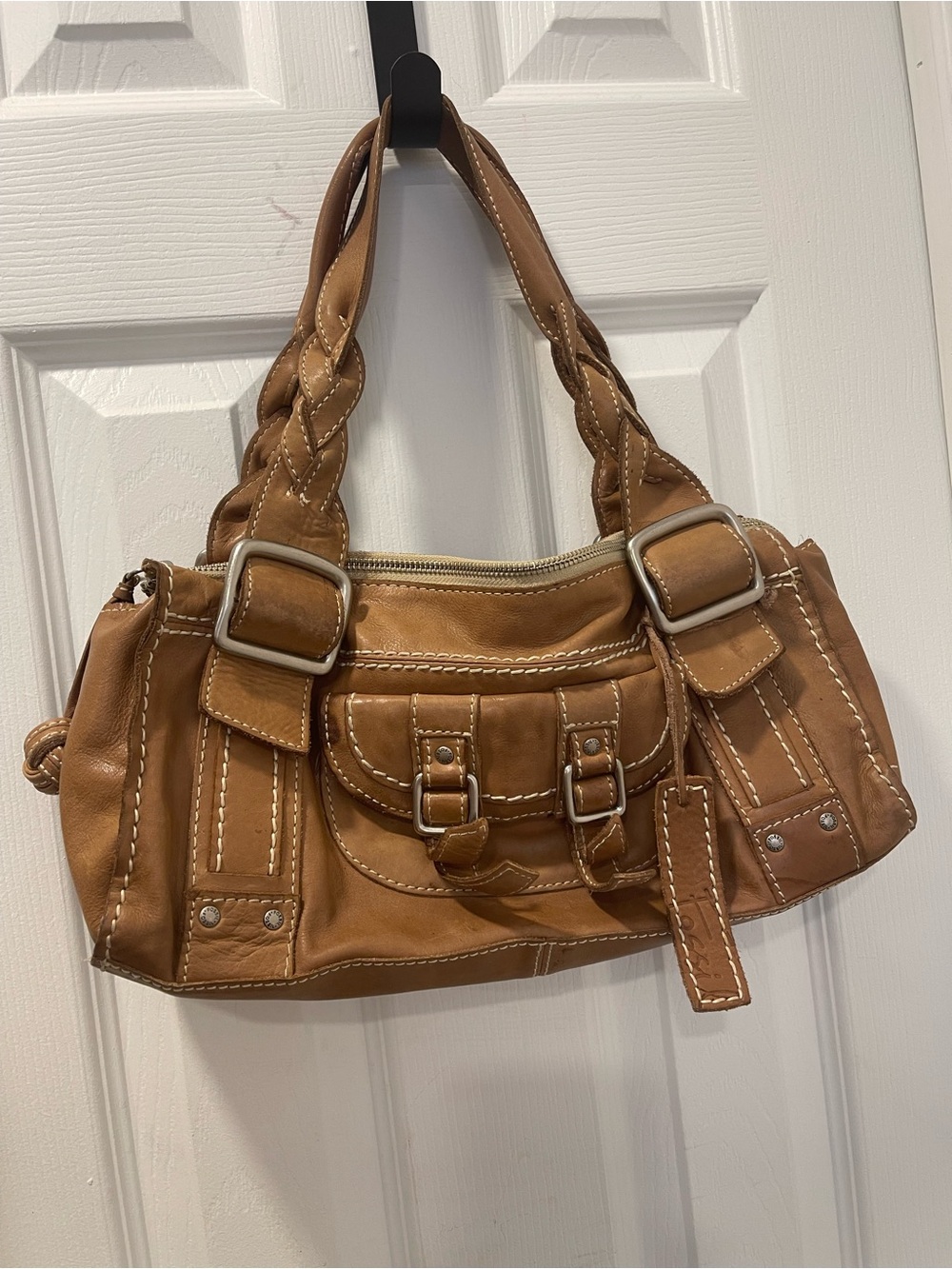 Fossil Tan Braided-Handle Leather Shoulder Bag